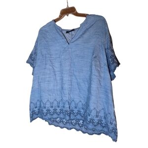 Lane Bryant Blue Embroidered Lyocell Blouse Size 18 Lace Trim Peasant Top